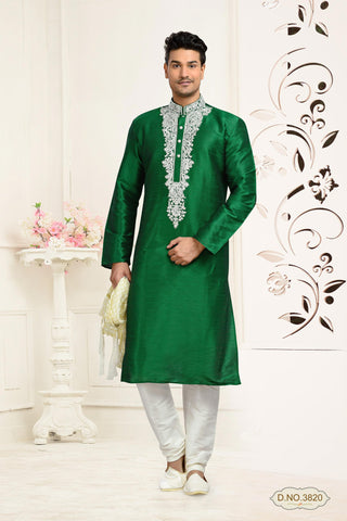 Green Dupion Art Silk Kurta Pyjama Thread Work