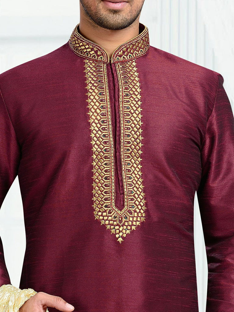 Wine Dupion Art Silk Thread Work Kurta Pyjama