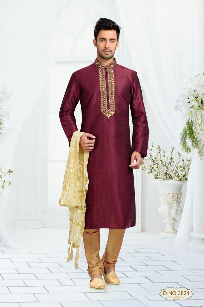 Wine Dupion Art Silk Thread Work Kurta Pyjama