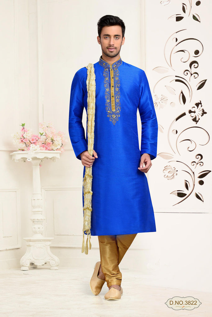 Blue Dupion Art Silk Thread Work Kurta Pyjama
