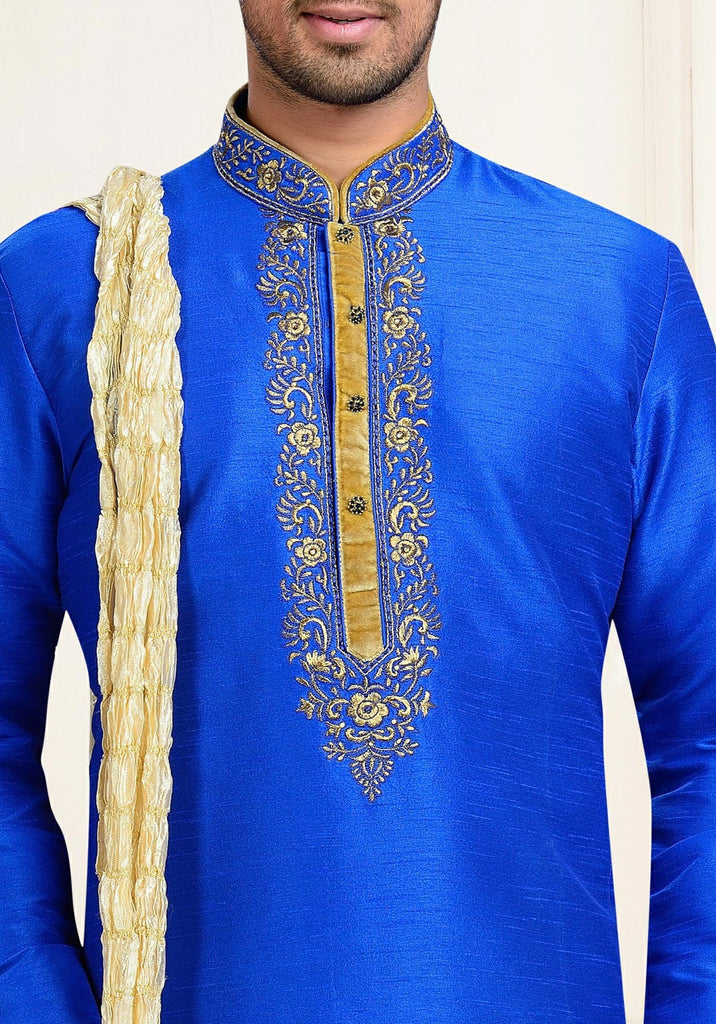 Blue Dupion Art Silk Thread Work Kurta Pyjama