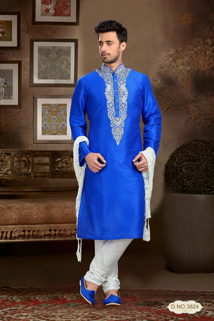 Blue Dupion Art Silk Kurta Pyjama With Thread Work