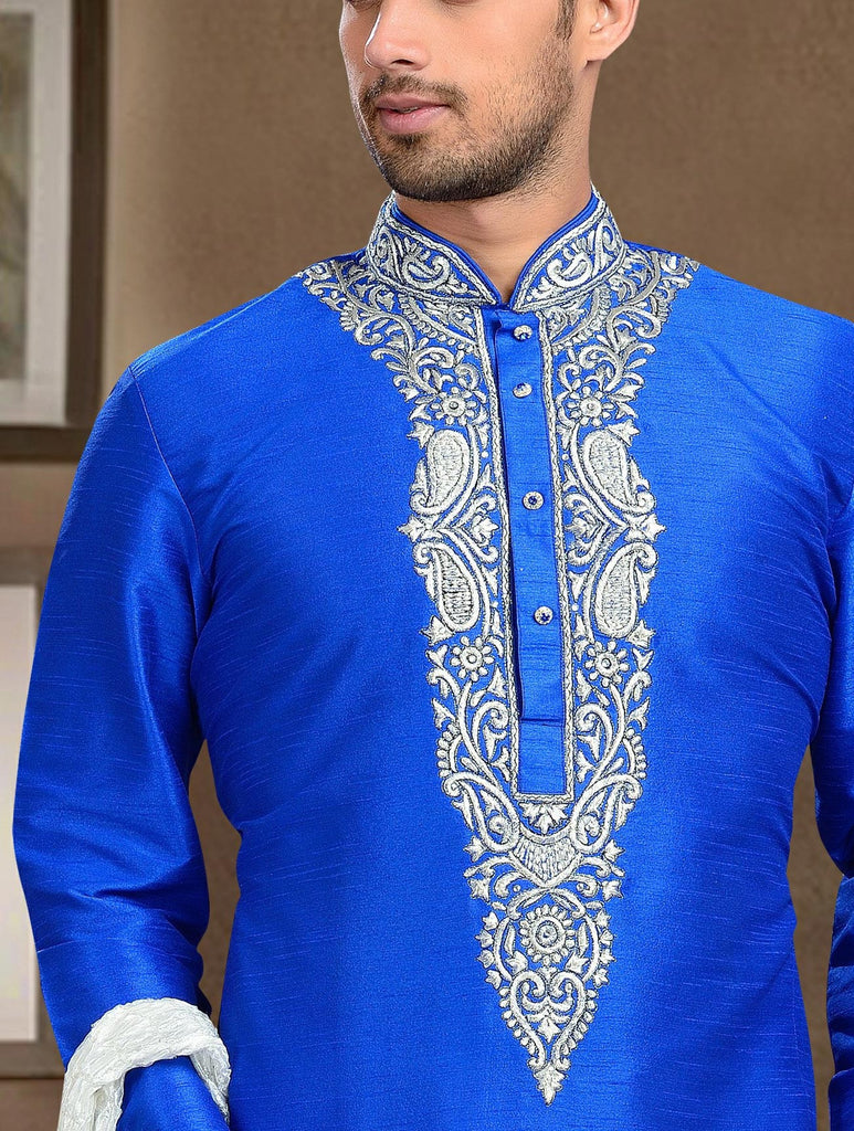 Blue Dupion Art Silk Kurta Pyjama With Thread Work