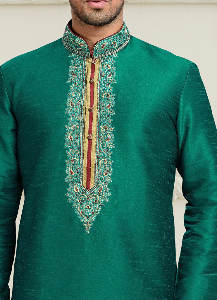Teal Dupion Art Silk Thread Work Kurta Pyjama