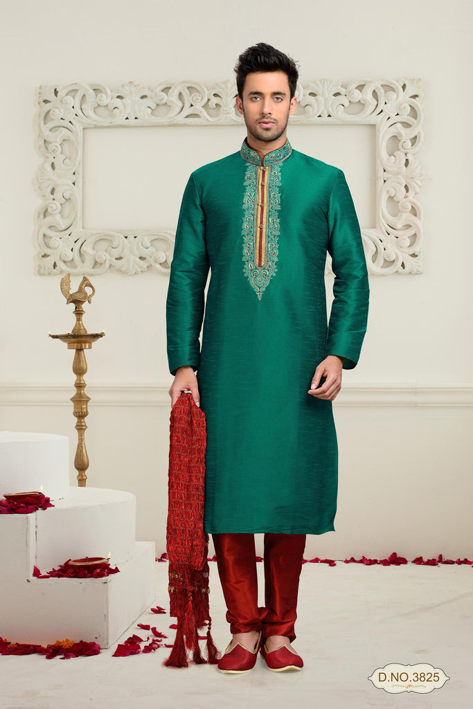 Teal Dupion Art Silk Thread Work Kurta Pyjama