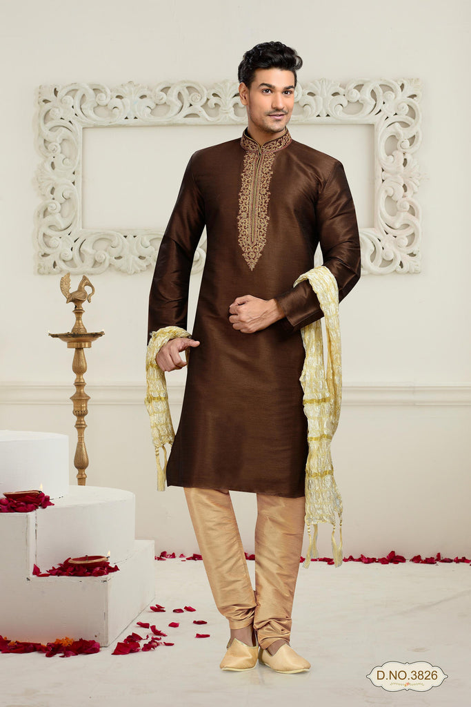 Coffee Color Dupion Art Silk Kurta Pyjama Comes With Thread Work