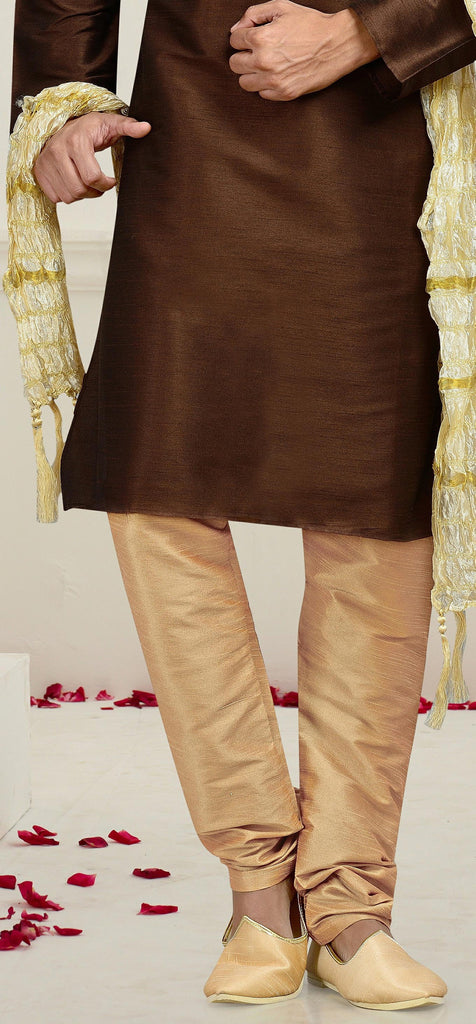 Coffee Color Dupion Art Silk Kurta Pyjama Comes With Thread Work
