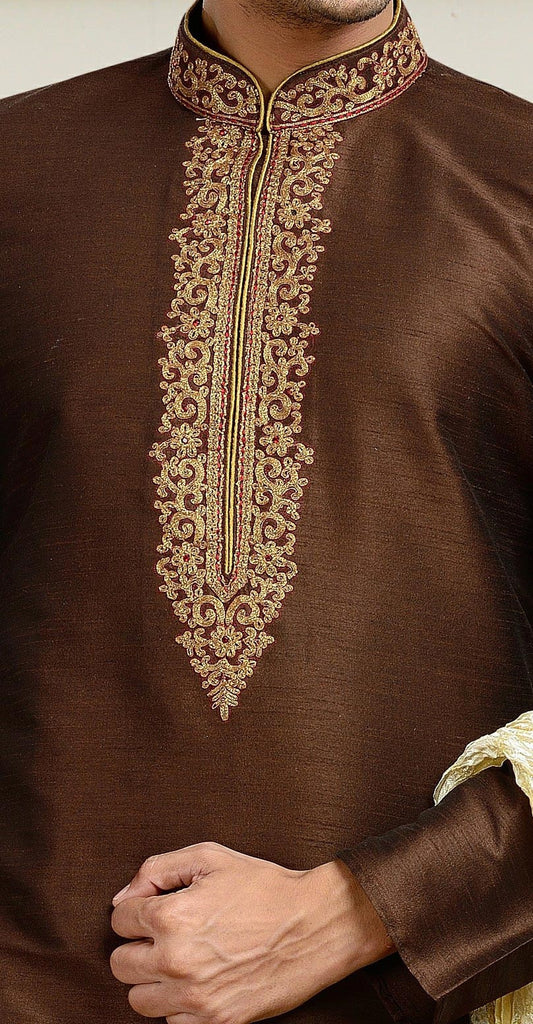 Coffee Color Dupion Art Silk Kurta Pyjama Comes With Thread Work