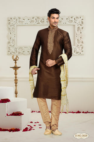 Coffee Color Dupion Art Silk Kurta Pyjama Comes With Thread Work