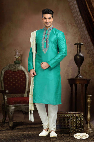 Firozi Green Dupion Art silk Kurta Pyjama Comes With Tread Work