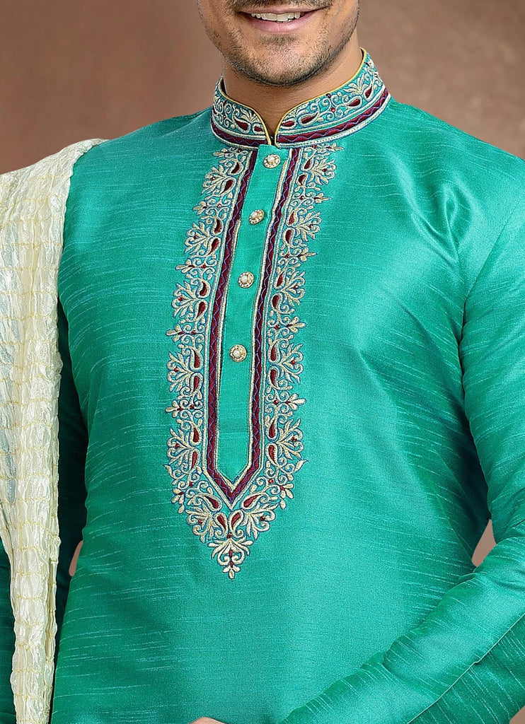 Firozi Green Dupion Art silk Kurta Pyjama Comes With Tread Work