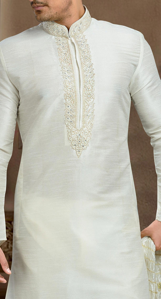 Off White Dupion Art silk Kurta Pyjama Comes With thread Work
