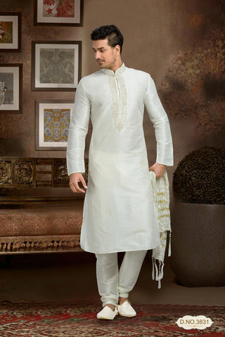 Off White Dupion Art silk Kurta Pyjama Comes With thread Work