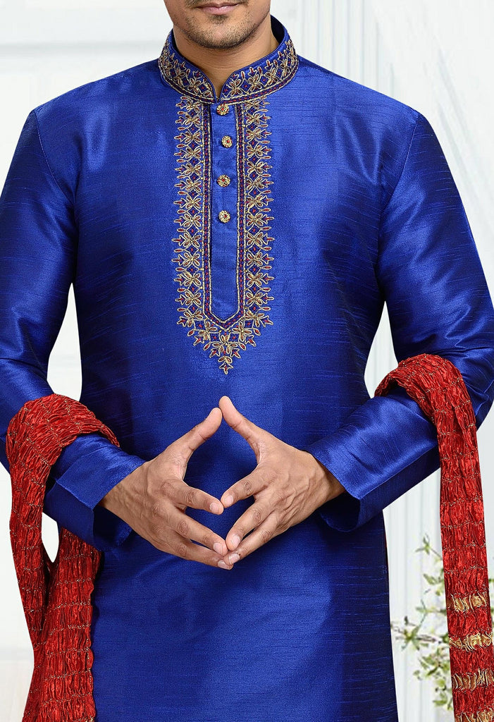 Blue Dupion Art Silk Kurta Pyjama Comes With Thread Work