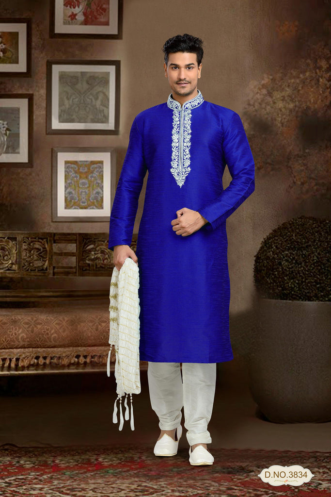 Blue Dupion Art Silk With Thread Work Kurta Pyjama
