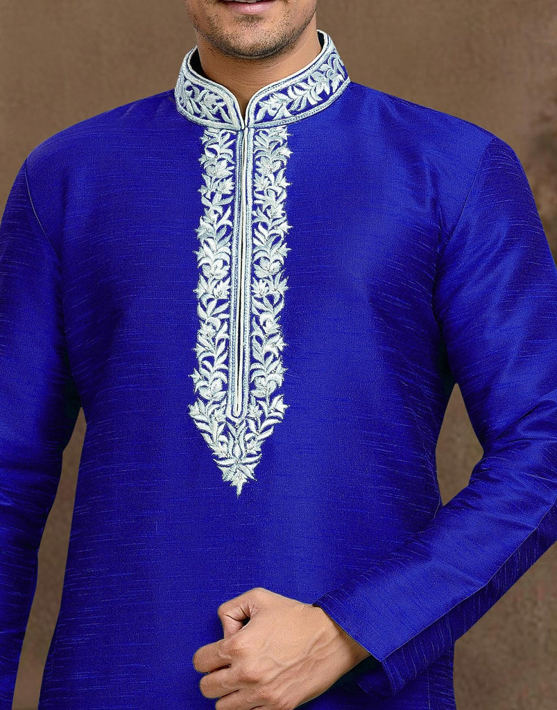 Blue Dupion Art Silk With Thread Work Kurta Pyjama