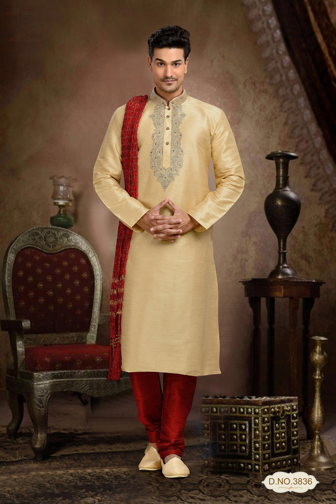 Gold Dupion Art Silk Kurta Pyjama With Thread Work