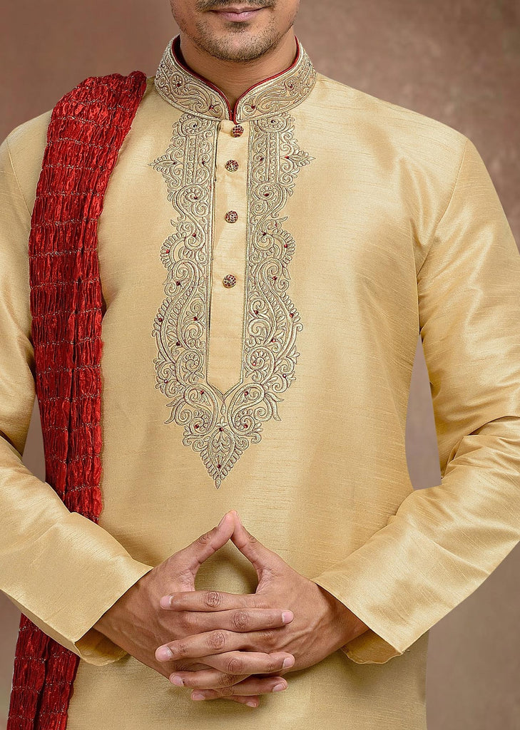Gold Dupion Art Silk Kurta Pyjama With Thread Work