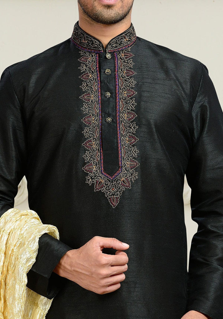 Black Dupion Art Silk Kurta Pyjama With Thread Work