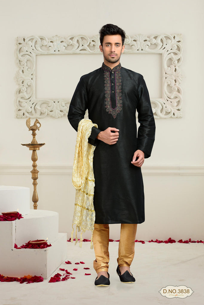 Black Dupion Art Silk Kurta Pyjama With Thread Work