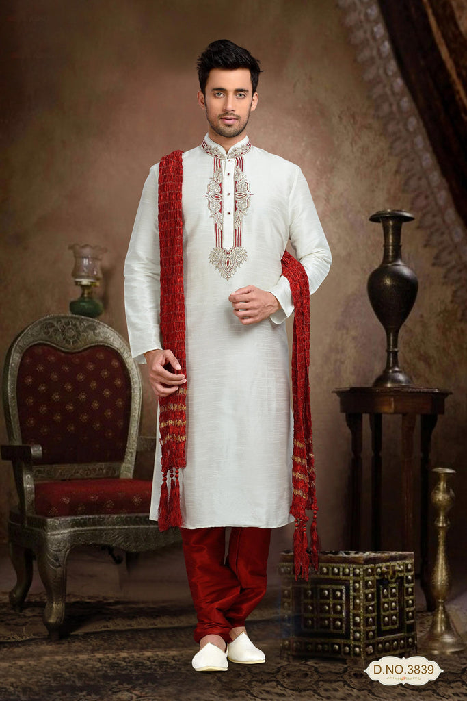 Cream Dupion Art Silk Kurta Pyjama Comes With Thread Work