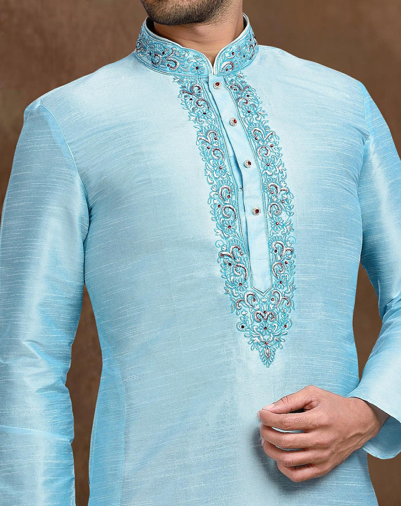Sky Blue Dupion Art Silk Kurta Pyjama With Thread