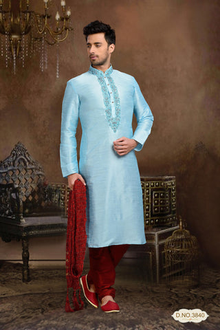 Sky Blue Dupion Art Silk Kurta Pyjama With Thread