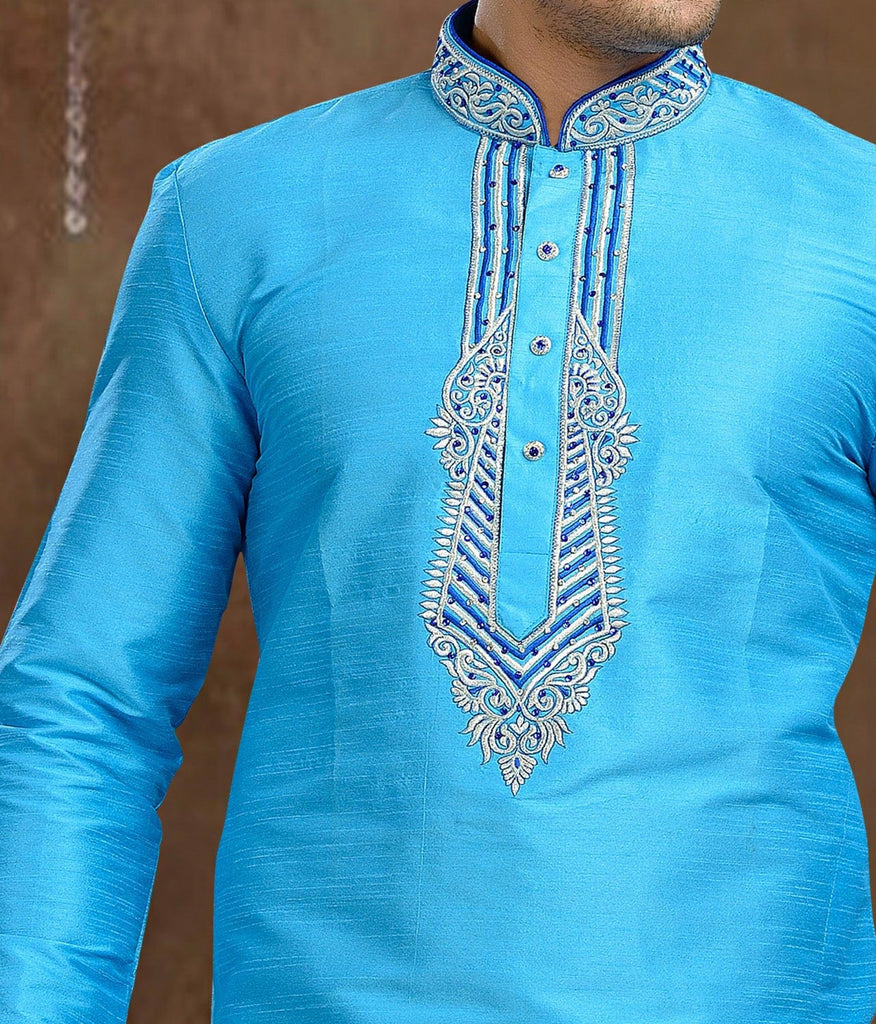 Blue Dupion Art Silk Kurta Pyjama With Embroidery Work