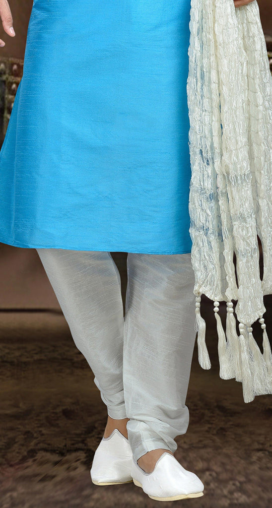 Blue Dupion Art Silk Kurta Pyjama With Embroidery Work