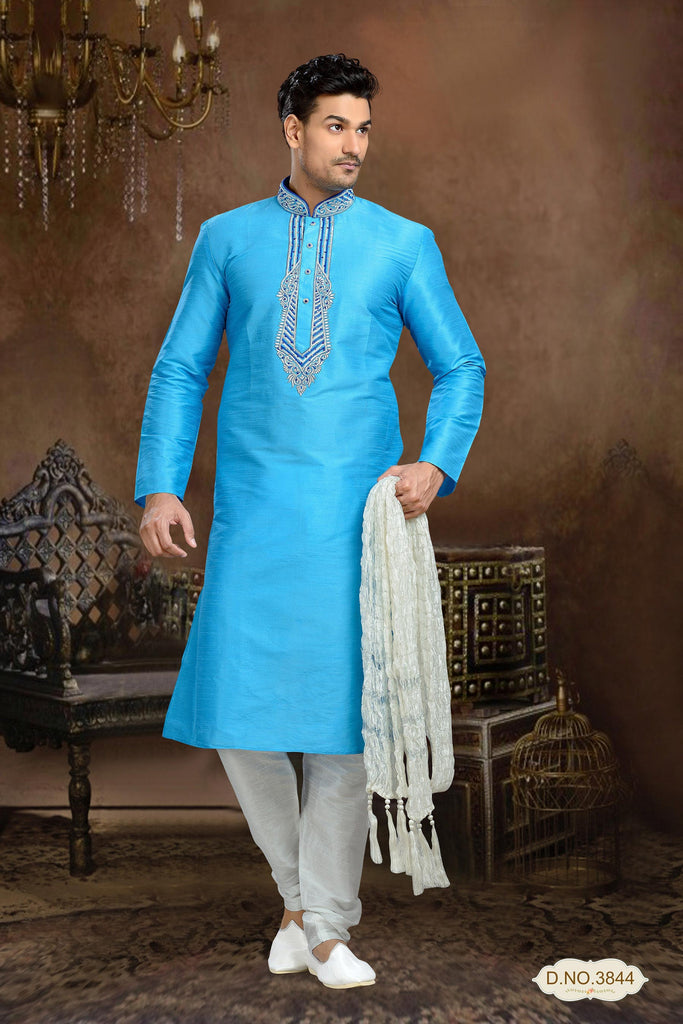 Blue Dupion Art Silk Kurta Pyjama With Embroidery Work