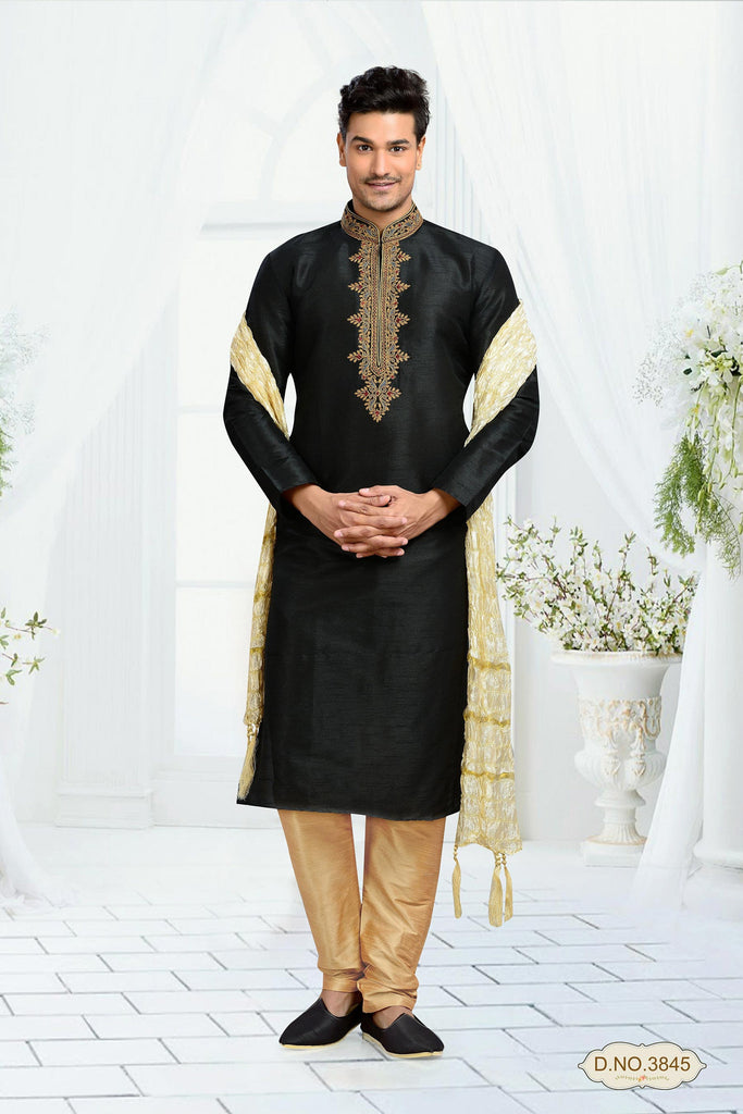 Black Dupion Art Silk Kurta Pyjama With Embroidery Work