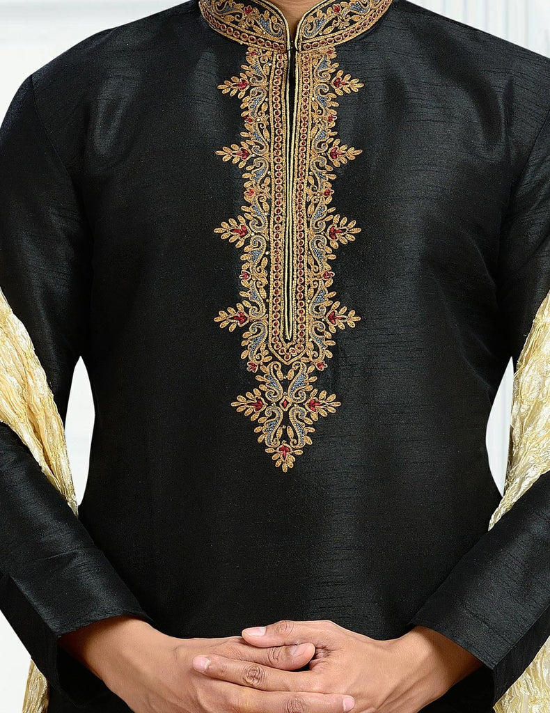 Black Dupion Art Silk Kurta Pyjama Thread Work