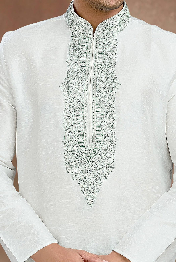 Off White Dupion Art Silk Kurta Pyjama With Thread Work