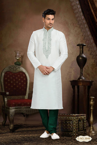 Off White Dupion Art Silk Kurta Pyjama With Thread Work
