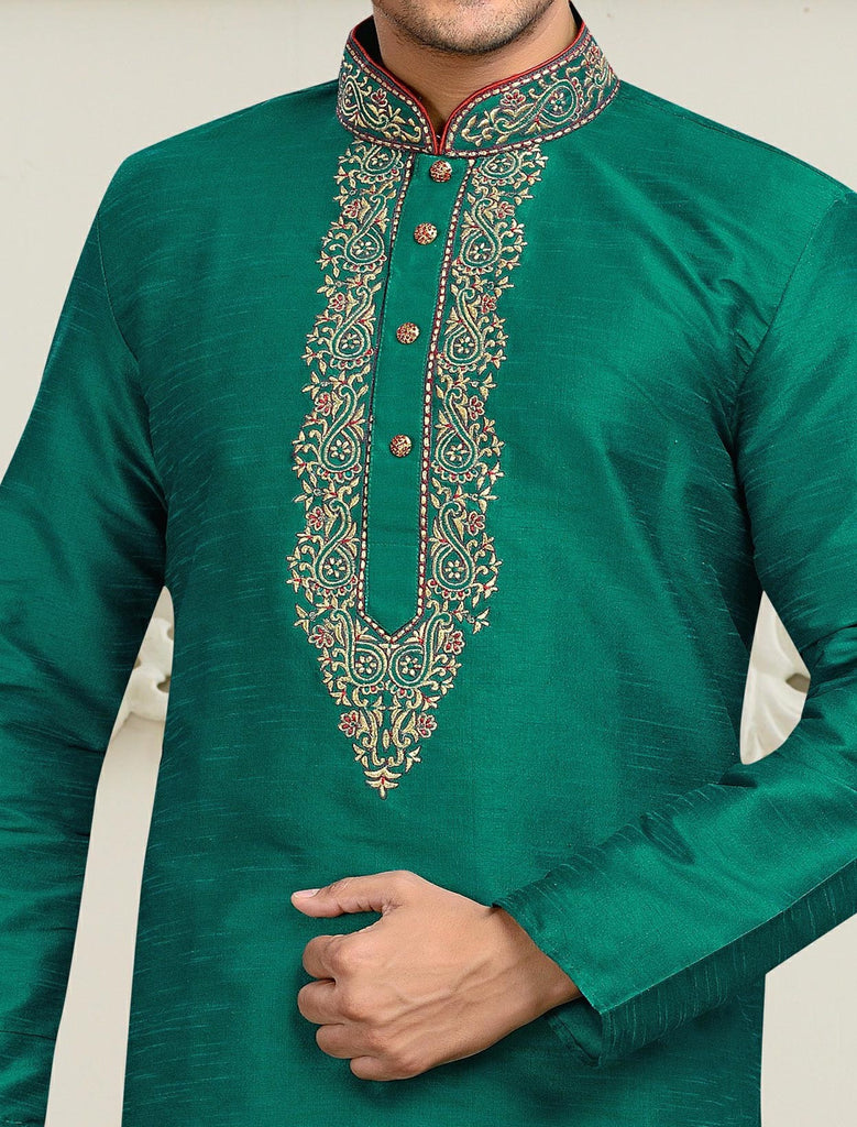 Teal Dupion Art Silk Kurta Pyjama With Embroidery Work