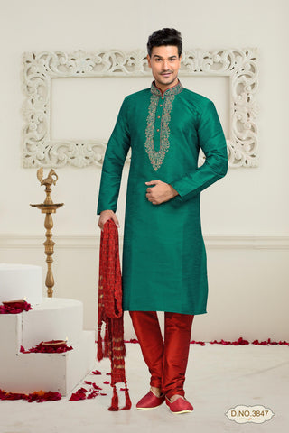 Teal Dupion Art Silk Kurta Pyjama With Embroidery Work