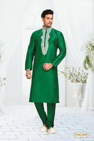 Green Dupion Art Silk Kurta Pyjama With Thread Work