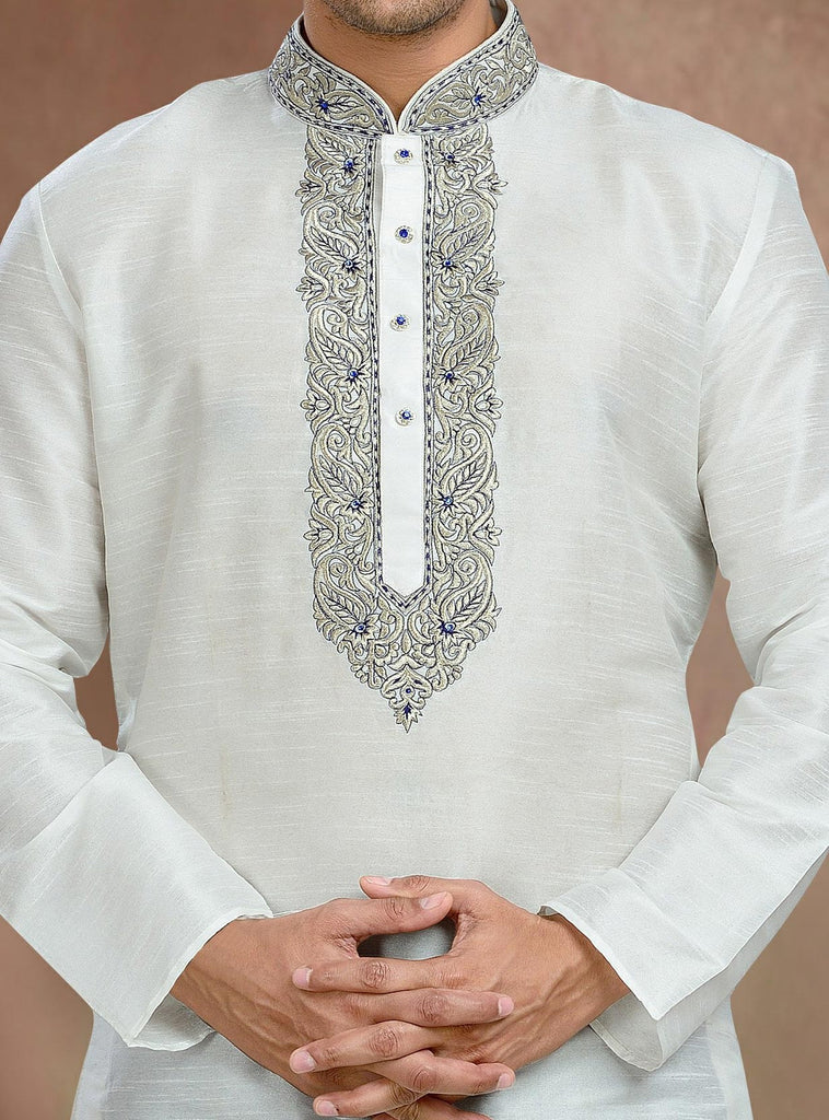 Off White Dupion Art Silk Kurta Pyjama With Embroidery Work