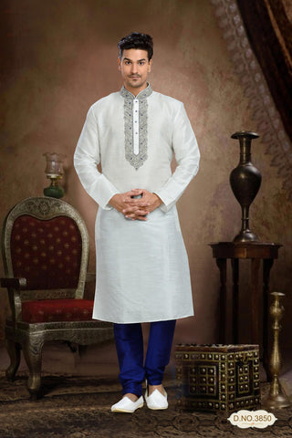 Off White Dupion Art Silk Kurta Pyjama With Embroidery Work
