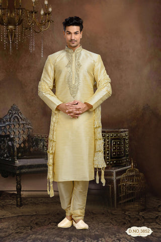 Gold Dupion Art Silk Kurta Pyjama Comes With Embroidery