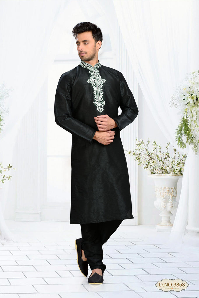 Black Dupion Art Silk Kurta Pyjama Comes With Thread Work