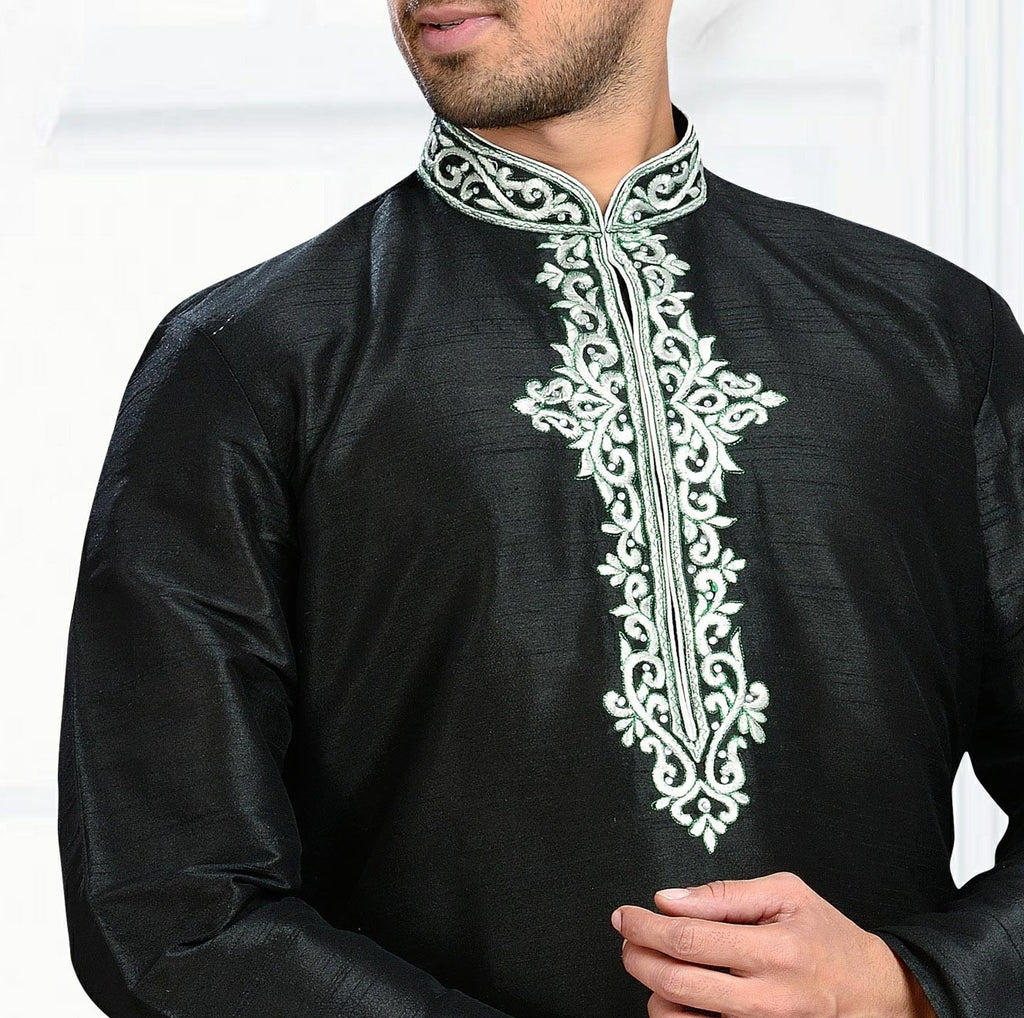 Black Dupion Art Silk Kurta Pyjama Comes With Thread Work