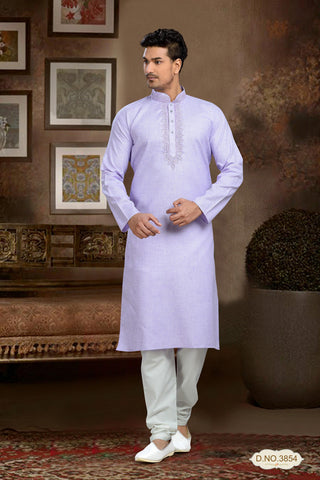 Light Purple Cotton Kurta Pyjama Comes with Thread Work