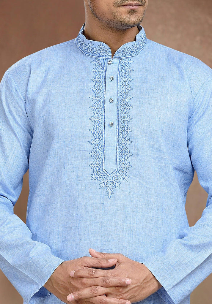 Sky Blue Cotton Kurta Pyjama With Embroidery Work