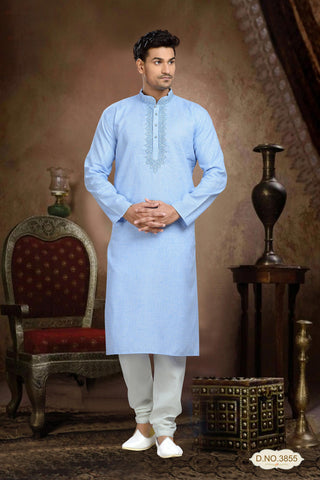 Sky Blue Cotton Kurta Pyjama With Embroidery Work
