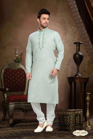 Light Green Cotton Kurta Pyjama With Thread work