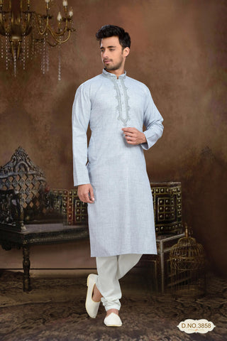 Light Gray Cotton Kurta Pyjama With Thread Work