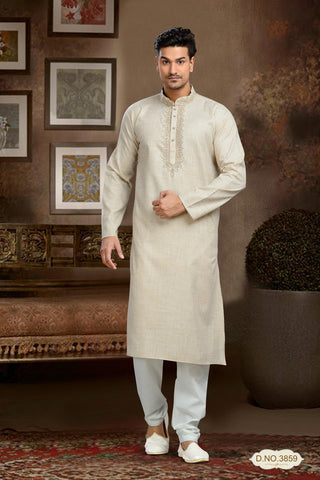 Light Brown Cotton Kurta Pyajam Comes With Thread Work