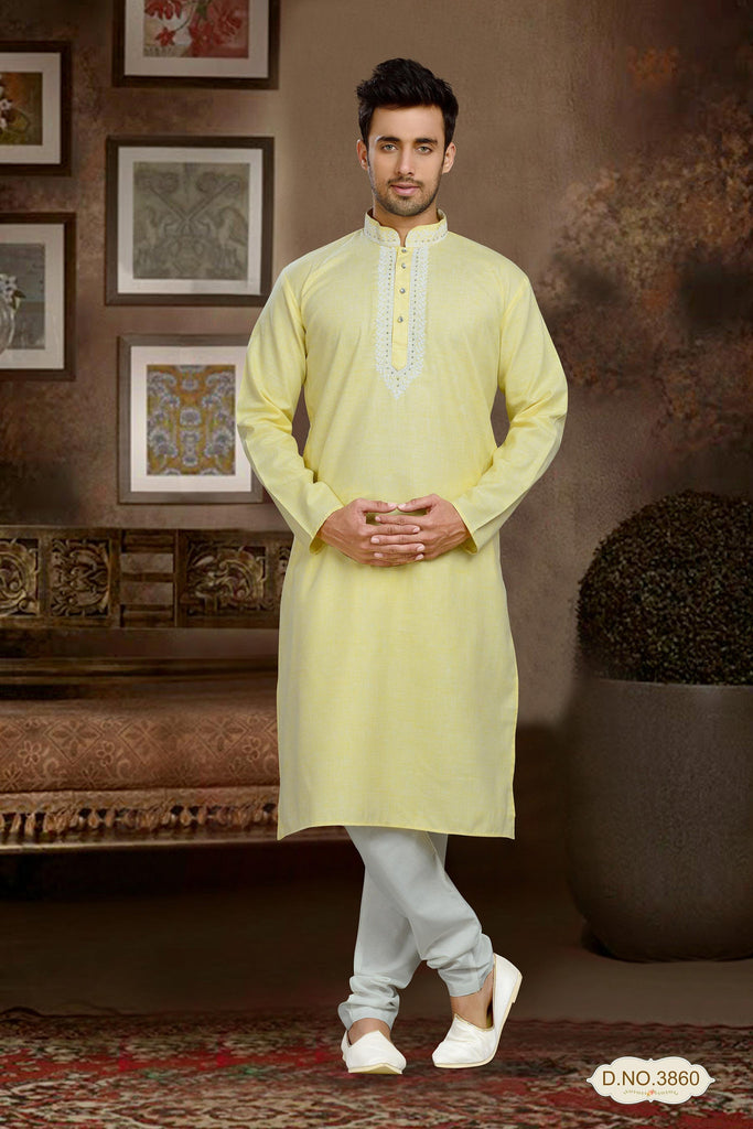 Yellow Cotton Kurta Pyjama With Embroidery Work