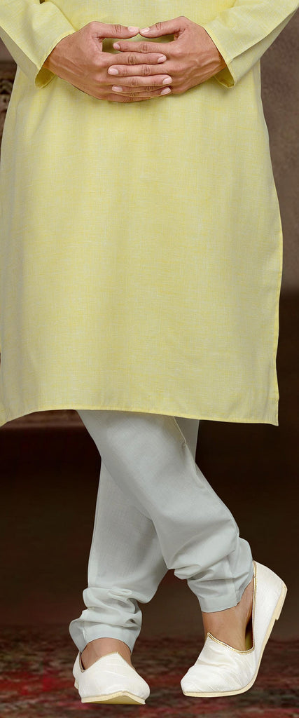 Yellow Cotton Kurta Pyjama With Embroidery Work